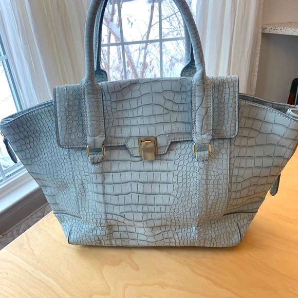 Large Baby Blue Faux Snakeskin Shoulder Tote Bag - Picture 6 of 12